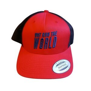 Yupoong The Classics Red Black WNT RUN THE WORLD Snapback Trucker Hat Mens Cap